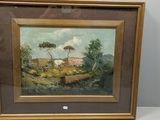 une peinture à l'huile représentant une scène de vie à la ferme avec des vaches dans un champ