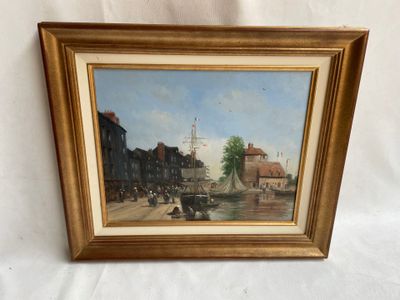 une peinture à l'huile représentant une scène urbaine avec des bateaux sur l'eau