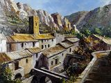 un tableau représentant un village avec une montagne en arrière-plan