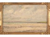 un tableau représentant une personne marchant sur une plage au bord de la mer