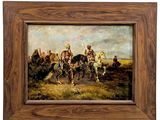 painting of a group of men riding horses in a field