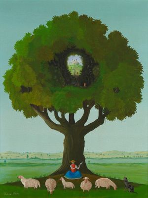 painting of a woman sitting under a tree surrounded by sheep
