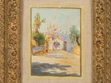un tableau représentant une scène de rue, dans un cadre doré