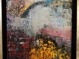 peinture abstraite représentant un cheval dans un champ de fleurs jaunes et rouges