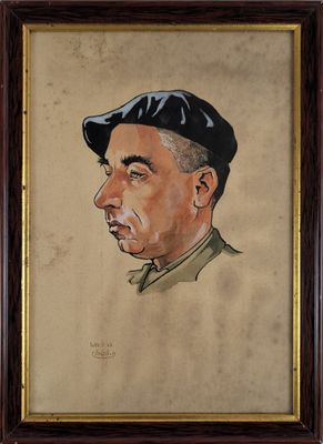 portrait of a man with a beret in a brown frame