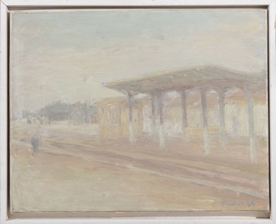 une image représentant une peinture d'une gare avec une personne qui passe à côté