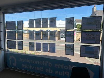 a large window that has a lot of signs on it