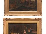 pair of 19th century oil paintings of horses and riders in a stable