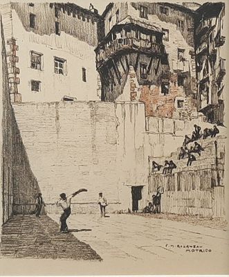 drawing of a man throwing a ball in a courtyard of a building