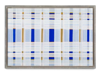 a painting of a blue and white checkered pattern on a white background