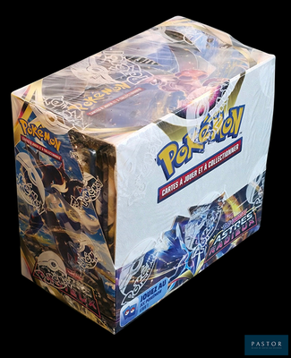 a box of pokemon trading cards on a black background