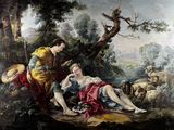 a painting of a woman and a man in a wooded setting