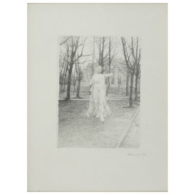 un dessin en noir et blanc représentant une femme debout dans un parc