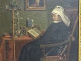 an old painting of a nun reading a book in a chair