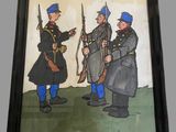 painting of three men in uniforms holding rifles and standing next to each other