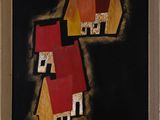 an image of a painting of a couple of houses on a black background