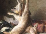 a painting of a rabbit hanging from a string