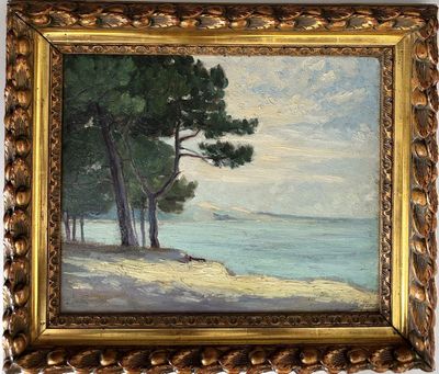 une peinture à l'huile représentant une scène de plage avec des arbres et de l'eau