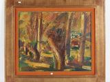 an image of a painting of a forest scene with trees in the foreground