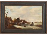 peinture à l'huile d'une scène de village avec une voiture à cheval