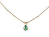 a gold necklace with a green tear pendant on a gold chain