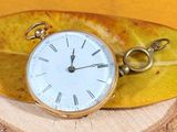 une montre de poche en or posée sur une feuille