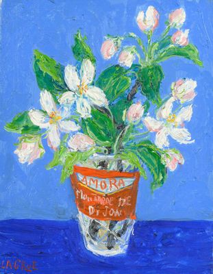a painting of a vase with flowers in it on a table