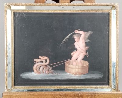 une image représentant un tableau où l'on voit une femme nue tenant un dragon en laisse