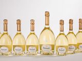 six bottles of white wine are lined up in a row