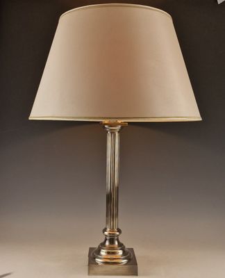 une lampe posée sur une table et munie d'un abat-jour