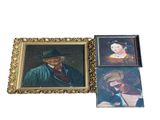 three framed paintings of men and women in hats and a woman with a hat