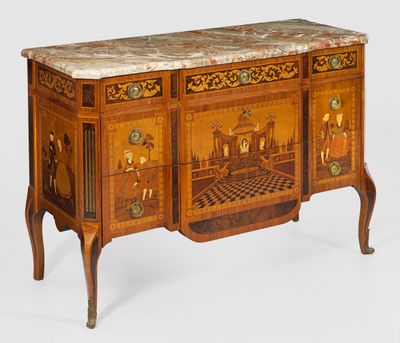 a marble top cabinet with drawers and a marble top