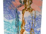 painting of a man standing in front of a painting of blue and orange