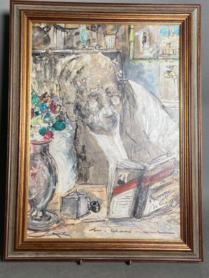 a picture of a painting of an old man sitting at a table