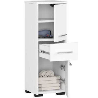 un gros plan sur une armoire blanche à deux tiroirs avec des serviettes