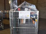 a metal cart with a sign on it in a warehouse