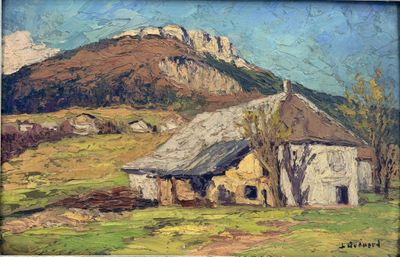 an oil painting of a barn in a field with a mountain in the background