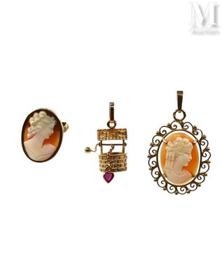 three pieces of jewelry are shown on a white background