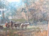 a painting of a horse drawn carriage being pulled by two men