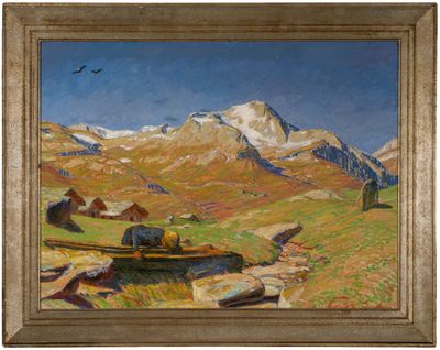une image représentant un tableau représentant un paysage de montagne avec un bateau
