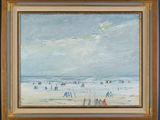 an oil painting of a beach scene with people walking on the sand