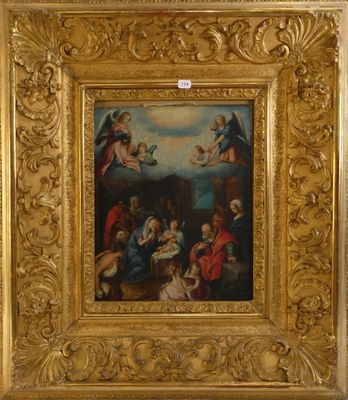 tableau représentant la Nativité de Jésus dans un cadre doré