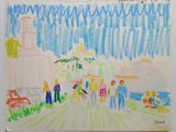 drawing of a group of people standing in front of a church on a sunny day
