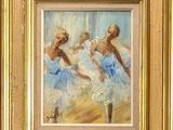 an oil painting of three ballerinas in blue dresses in a gold frame