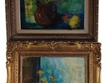 two paintings of flowers in a vase and a bowl of fruit on a table