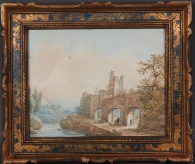 une vieille peinture représentant un château au bord d'une rivière, avec un pont au premier plan