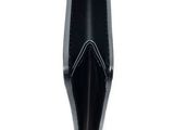 black leather boot with pointed toe and pointed heel on white background