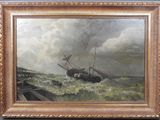 an oil painting of a boat in rough water with a cloudy sky in the background