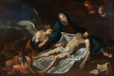 une image représentant un tableau où l'on voit un homme allongé par terre à côté d'une femme