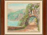 a painting of a bridge over a river with a mountain in the background